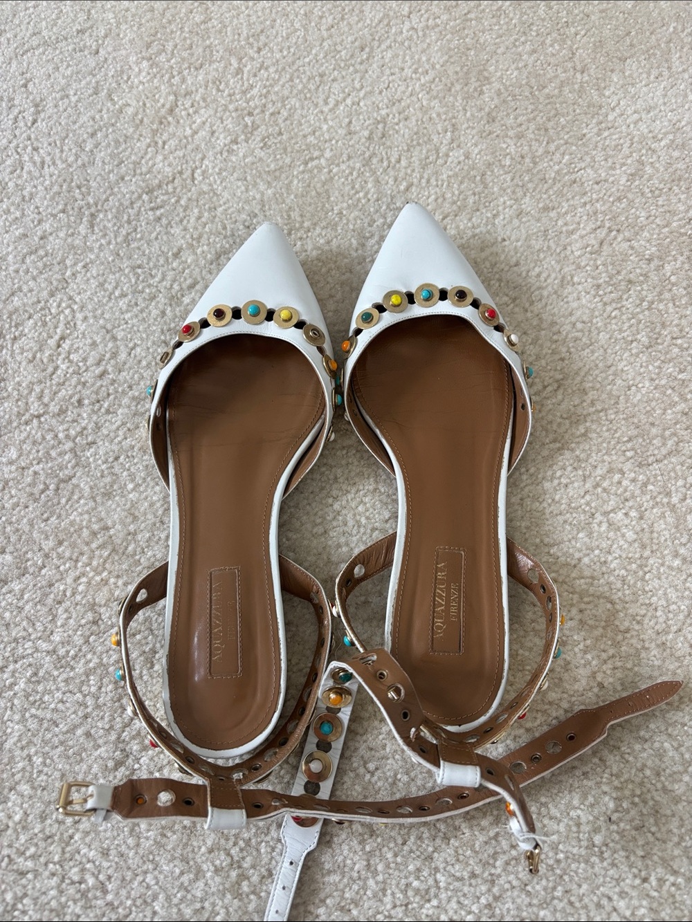 Aquazzura White Studded Pointed-Toe Ankle-Strap Flats